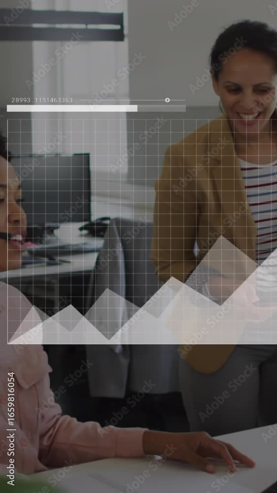 Poster animation of interface with statistical data processing over two diverse women discussing at office