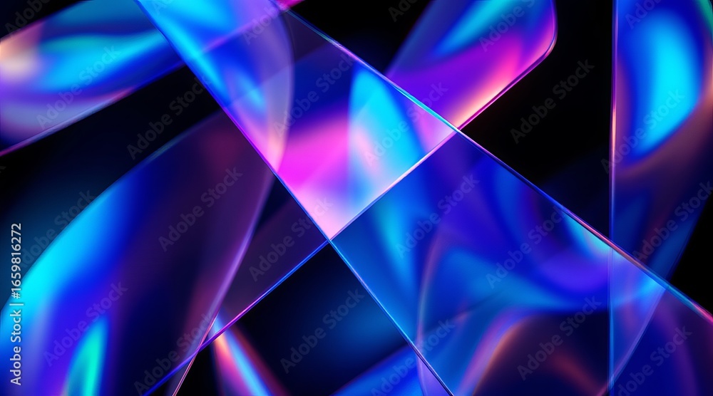 Poster intersecting glass ribbons create an abstract design with vibrant colors and refracted light pattern
