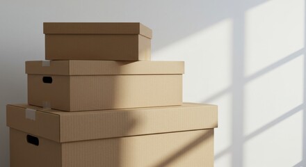 Stacked cardboard boxes casting shadows in a bright room  