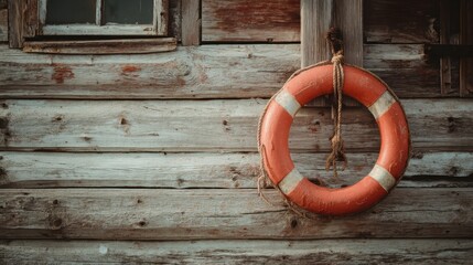 A weathered wooden wall features a bright orange lifebuoy, symbolizing safety and nautical themes in a rustic environment.