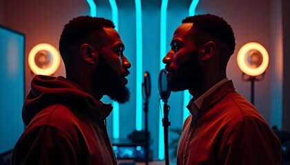 A dynamic duo podcast setup in a modern studio, two African American men facing each other with suspended mics, background LED strip lights glowing blue, nighttime.