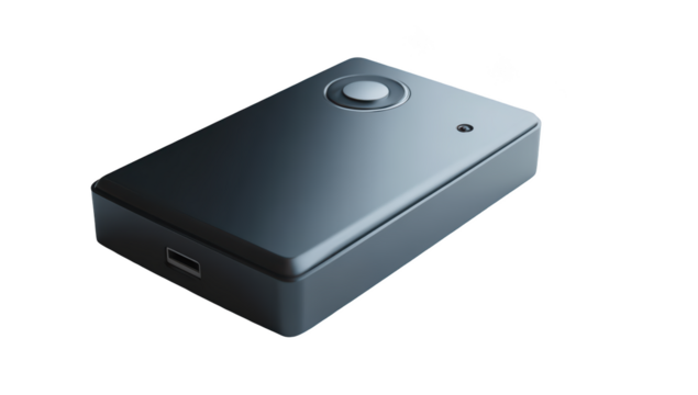 Sleek, rectangular gray device with a button, indicator light, & USB port