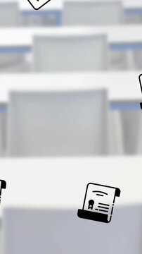 Multiple graduation certificate icons falling against view of empty classroom at school
