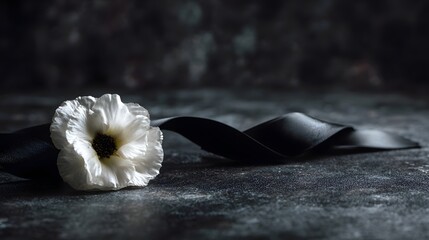 White flower and black funeral ribbon on dark surface