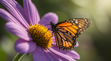 Naklejka premium Butterfly Resting on a Purple Flower Petal in Natural Light