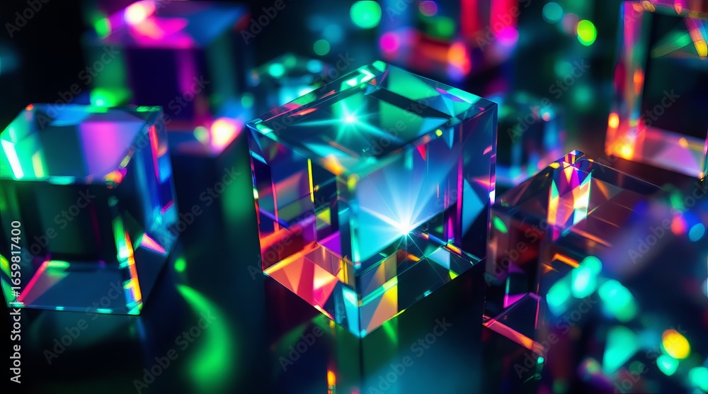Poster iridescent glass cubes refract light, creating a vibrant and colorful abstract composition on a dark