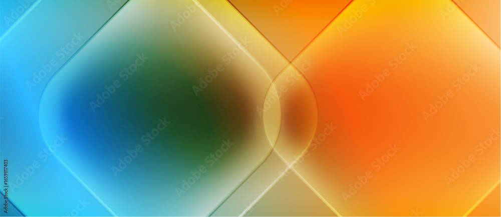Poster abstract gradients blend blue, green, orange hues. geometric shapes intersect creating luminous visu