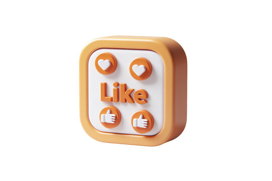 3D "Like" icon with hearts and thumbs up inside square. Orange and white