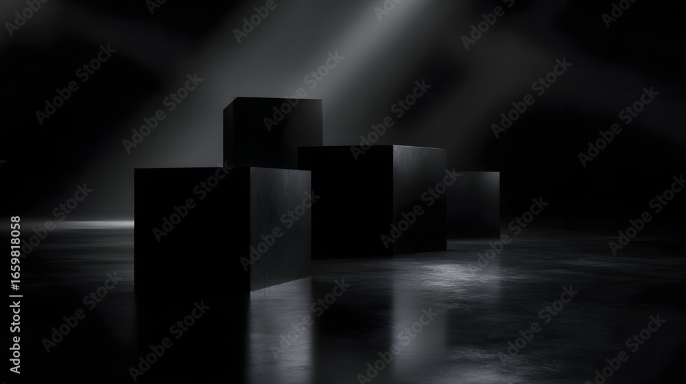Poster floating product space in all black studio with shadow play