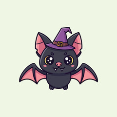 Cute Halloween bat wearing a witch hat, adorable cartoon character illustration for spooky season celebrations and holiday themes