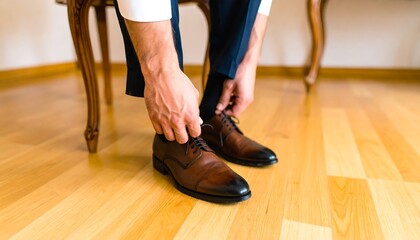 Close-up of man tying shoes