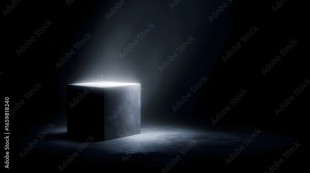 Poster glowing display cube in a moody atmospheric setting