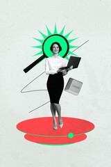 Vertical 3d poster art collage of happy businessman businesswoman stand magnifier lens zoom vacancy...
