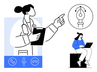 Doctor with clipboard gestures next to communication tools, graphic design icon, and person using laptop. Ideal for telemedicine, remote work, digital collaboration, healthcare innovation