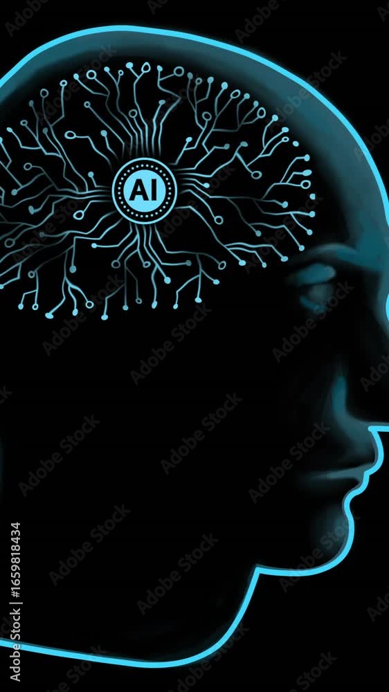 Poster animation of human brain and ai data processing over black background