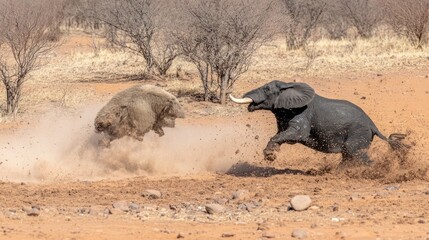 Dramatic confrontation: African elephants clashing near a watering hole in the wild