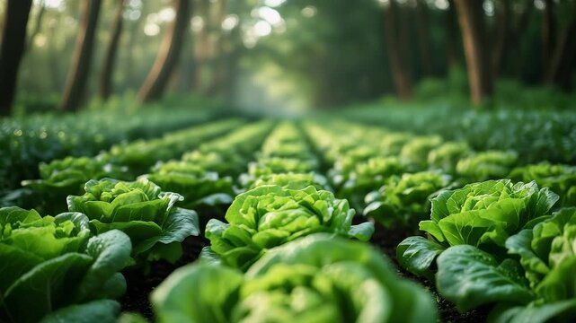 Lush Green Lettuce Rows in Forest Farm with Sunlight and Fresh Organic Vegetable Garden Scene