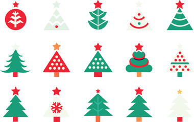 Collection of stylized christmas trees with stars on dark blue background