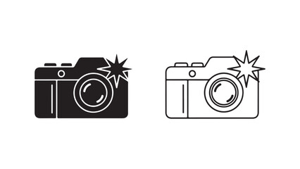 Camera icon with flash, black and white outline