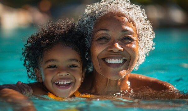 Happy African American multi-generational grandmother and grandchild swimming together on vacation. The image celebrates family bonding, wellness, and inclusivity during vacation, Generative AI