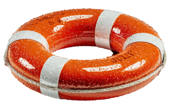 Life ring isolated on a white background, an orange life preserver surrounded by an orange and thick plastic circular inflatable tube with two thin isolated on a transparent background in PNG format.
