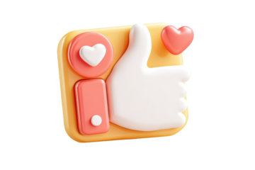 3D like button with hearts and thumb up, promoting social media engagement