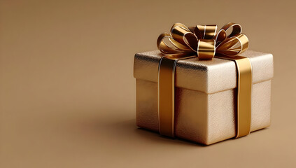 A beautifully wrapped gift box with a golden ribbon on a smooth, neutral background, perfect for celebrations, holidays, or special occasions.