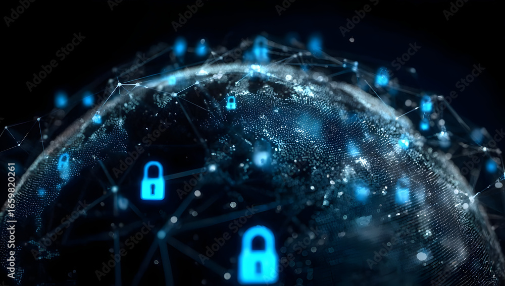 Poster a captivating digital globe representing global connectivity, featuring secure locks, symbolizing cy