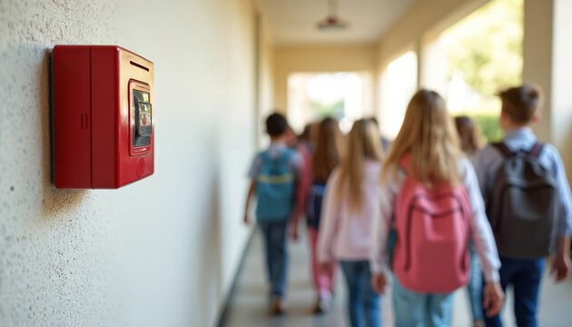 Red fire alarm mounted on school hallway wall. Group of students in a safety drill. Emphasis on emergency preparedness, education, and student participation in safety procedures.