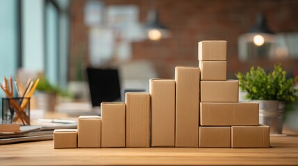 A collection of stacked cardboard boxes arranged in a graph-like formation on a wooden desk, with a blurred office background.