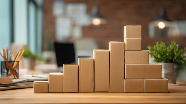 A collection of stacked cardboard boxes arranged in a graph-like formation on a wooden desk, with a blurred office background.