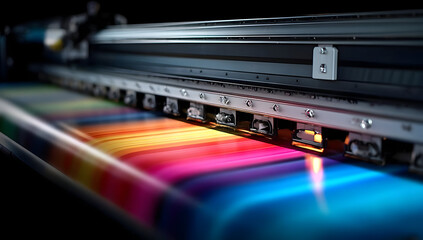 Obraz premium A close-up of a high-tech inkjet printer producing vibrant color prints. The image captures the intricate details of technology in action, showcasing creativity.