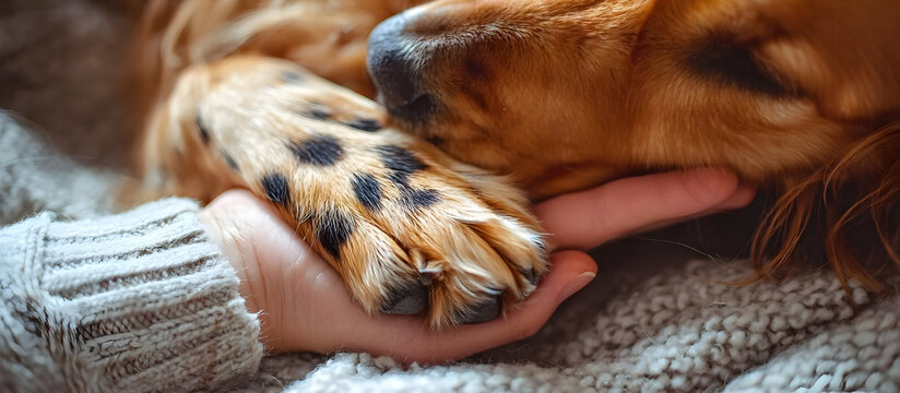 A close-up of a loving interaction between a person and a dog. The human hand gently holds the furry paw of a golden retriever, symbolizing companionship.