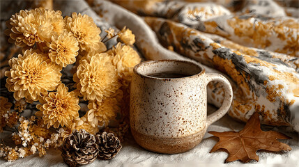 Fototapeta premium A beautiful coffee mug with yellow flowers creates a cozy fall scene.