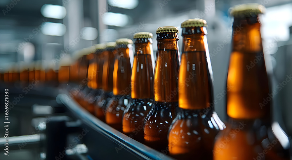 Poster a close-up view of amber beer bottles lined up on a production line, showcasing the brewing process 