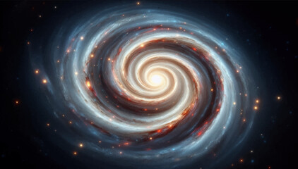 An illustration of a luminous spiral galaxy in outer space. Vector graphics. EPS.
