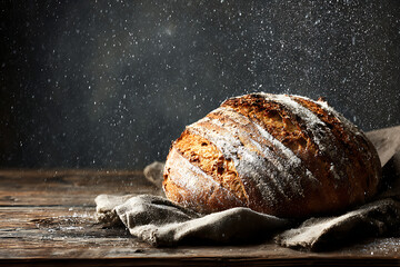 Artisan sourdough bread dusted with flour, presented on rustic wood with a dramatic, moody...