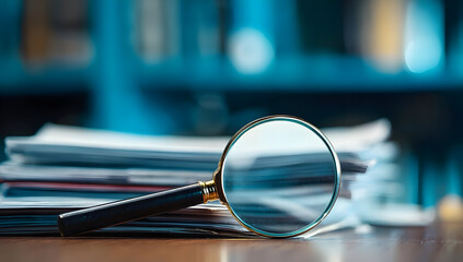 A close-up view of a magnifying glass resting on a stack of documents, symbolizing investigation, analysis, and detailed examination in business.
