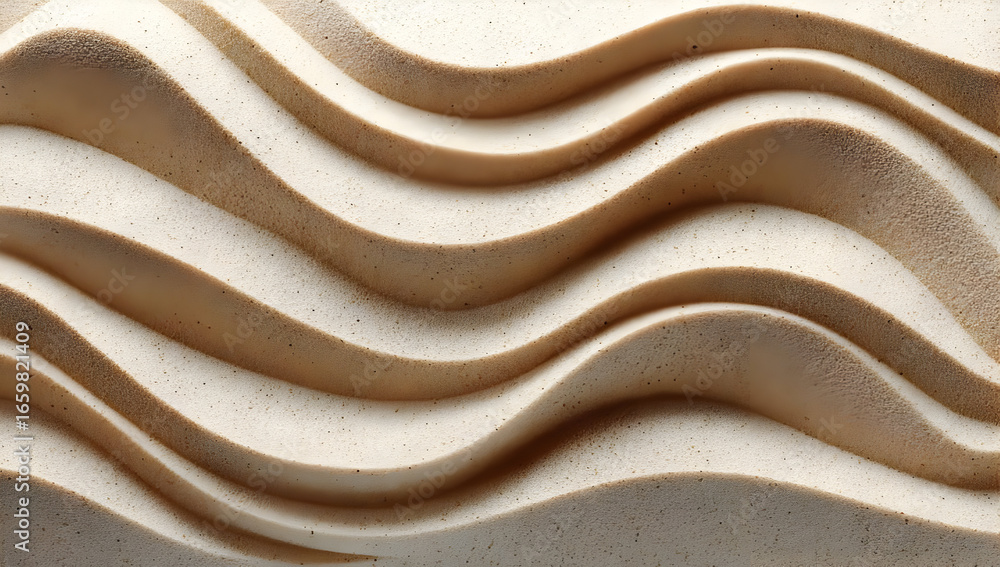 Poster a close-up view of a textured surface showcasing flowing waves in a beige hue, creating a sophistica