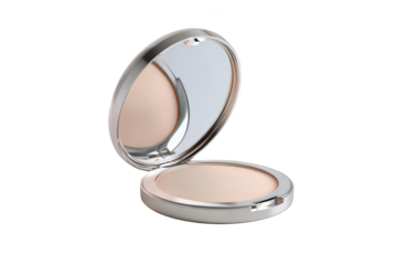 Open silver compact powder case with a mirror. Soft beige powder visible
