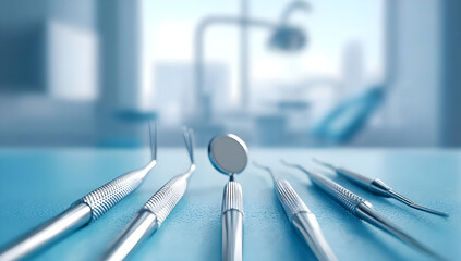 A close-up view of dental instruments arranged neatly on a blue surface, showcasing the tools used for oral hygiene and dental care.