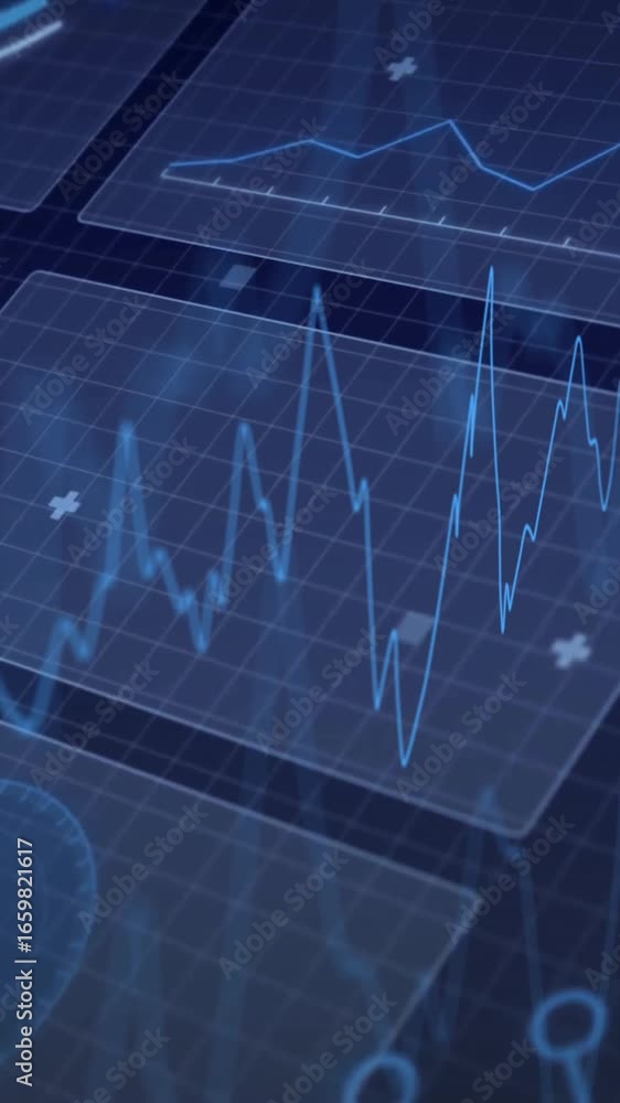 Poster displaying digital graphs and charts, animation showing data analysis on interface