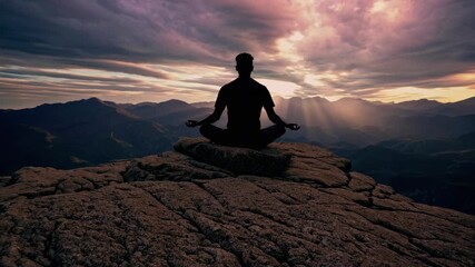 Man silhouette practicing yoga meditation on mountain peak at sunset finding inner peace spiritual journey concept man silhouette reaching zen and mindfulness - Powered by Adobe