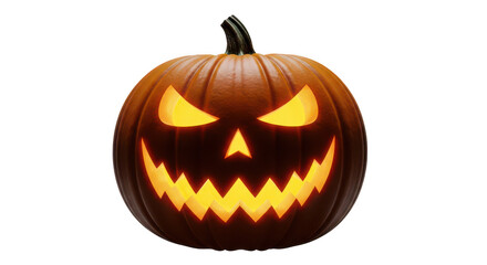 Fototapeta premium Spooky glowing halloween jack o lantern with carved scary face isolated on transparent background