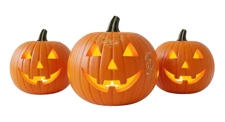Fototapeta premium Three glowing carved halloween pumpkins with spooky faces arranged together isolated on transparent background
