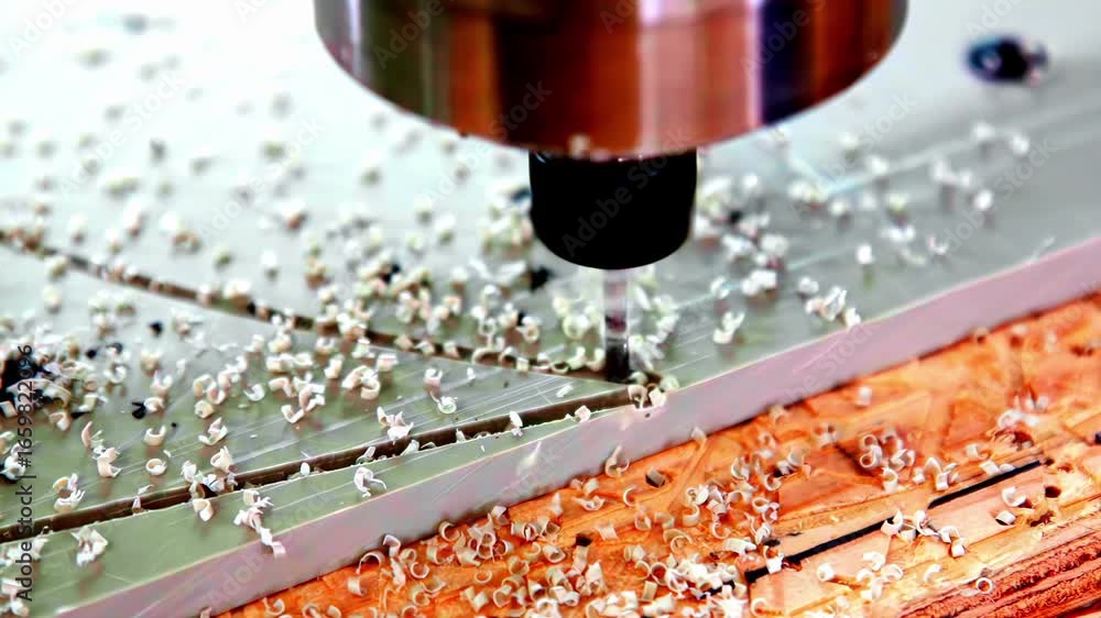 Poster cnc router cuts into material while tiny flake particles fly from blade in detailed view