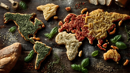 A creatively arranged world map made entirely from various food ingredients, showcasing culinary artistry and global flavors.