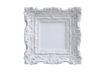 A square, ornate white picture frame.  Intricate, carved details