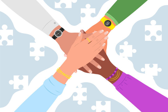 Four hands of people of different nationalities, folded one on top of the other. Symbol of friendship, mutual understanding and cooperation. 3D vector illustration.