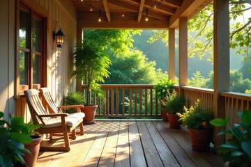 Sun-Drenched Secluded Porch Peaceful Escape with Potted Plants and Wooden Planks